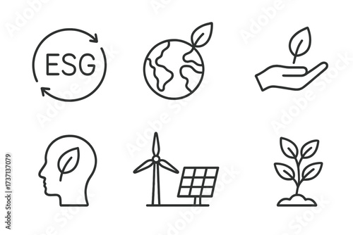 ESG icon set for Environmental, Social, and Governance. Line art symbols of sustainability, corporate responsibility, green energy, nature care, and ethical investment strategy.