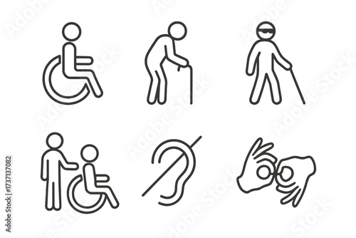 Disability and accessibility thin line icons. Vector icon set includes wheelchair user, blind person, deafness, elderly person and sign language symbols for web and mobile UI.