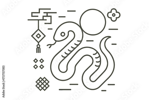 Lunar Year of the Snake 2026 Line Art, Modern Chinese New Year Vector, Minimalistic Geometric Shapes, Lucky Symbols, Traditional Outline Illustration, Zodiac Animal Card Design, Festive Asian Cartoon