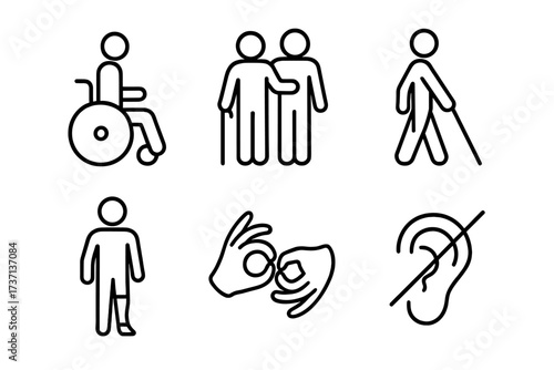 Disability line icons collection. Accessibility signs. Wheelchair, blind with cane, deaf symbol, amputee prosthesis, assistance. Inclusive people diversity vector pictogram set.
