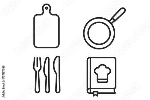 Cooking and kitchen line icon set. Vector symbols for food preparation and dining. Includes cutting board, frying pan, cutlery, and recipe book with chef hat. Outline graphic.