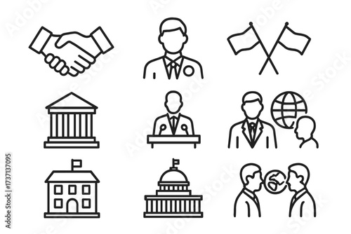 Diplomacy and politics line icon set. Government, international relations, and negotiation symbols. Vector collection with ambassador, handshake, embassy, and consulate icons.