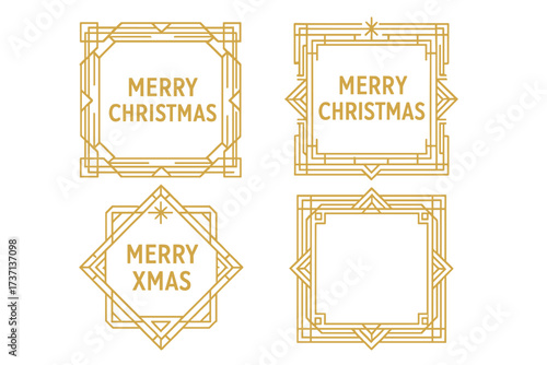 Art Deco Christmas frames set. Golden linear geometric borders for luxury holiday invitations. Elegant Xmas vector design elements. Minimalist 1920s style gatsby collection.