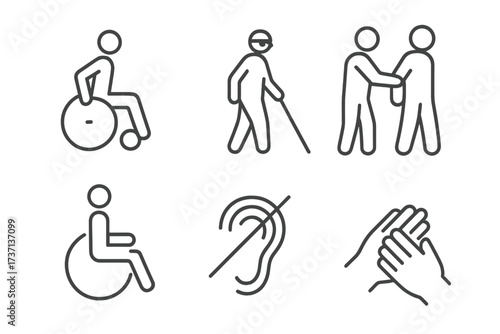 Disability and accessibility thin line icon set. Wheelchair user, blind person, deaf symbol, sign language and assistance vector icons. Impairment and special needs pictograms.