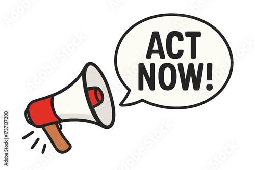 Megaphone with Act Now speech bubble. Loudspeaker for urgent announcements. Call to action concept for business marketing and advertising. Promotion banner vector illustration.