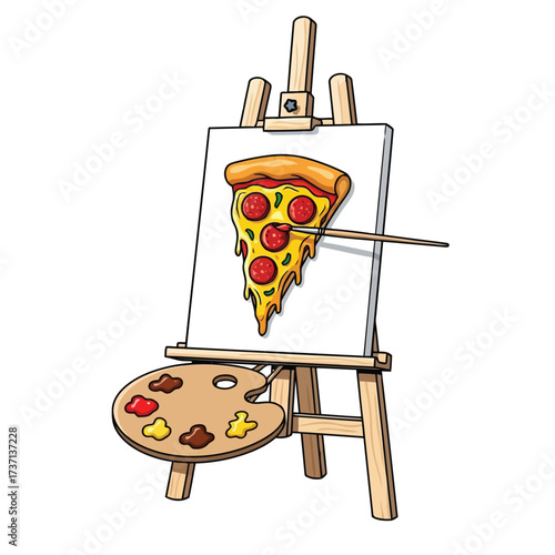 Vector illustration of artistic pizza slice painting on an easel with a palette