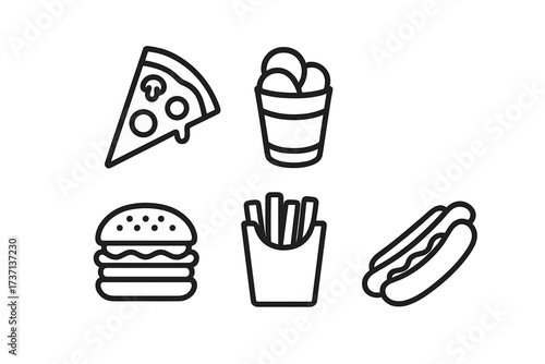 Fast food icon set in thin line style. Vector collection with pizza, burger, french fries, hot dog, drink. Junk food symbols for restaurant menu, takeaway, delivery app design.