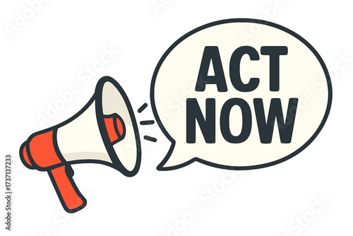 Megaphone with Act Now speech bubble. Loudspeaker for call to action, marketing, promotion. Banner for business advertising and urgent announcements. Alert message vector icon.