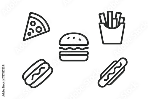 Fast food icon set in thin line style. Collection of junk food symbols for web and mobile. Includes pizza slice, hamburger, french fries, and hot dog. Vector illustration.