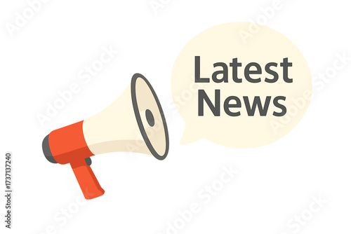 Latest News announcement megaphone. Loudspeaker with speech bubble for important message. Business marketing, advertising banner. Communication, alert, promotion vector icon.