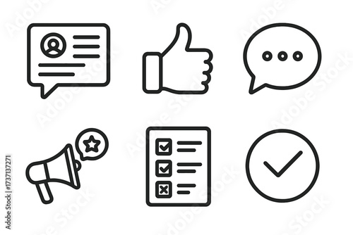 Feedback and testimonial line icon set. Customer review, satisfaction survey, and social media marketing symbols. Like, comment, confirmation, and poll vector icons.