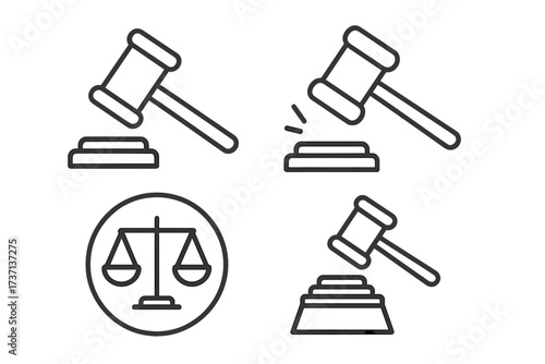 Law and justice line icon set. Judicial gavel, auction hammer, and scales of justice pictogram collection. Court, judge, verdict, and legal symbols. Editable stroke vector.