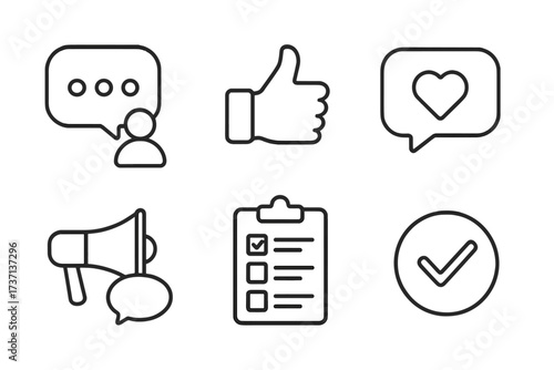 Feedback and review thin line icon set. Testimonials, like, comment, survey symbols. Customer satisfaction, marketing concept. UI, UX web pictograms for social media.