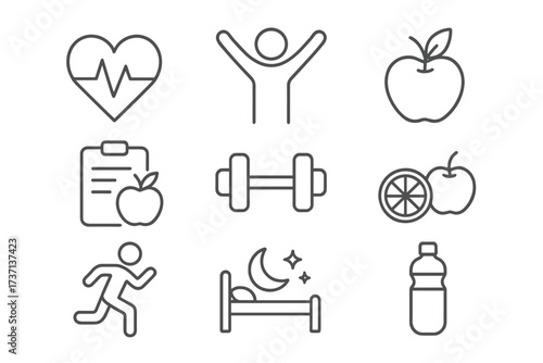 Healthy lifestyle line icon set. Health, fitness, and wellness concept. Collection of outline icons for web and mobile. Includes diet, exercise, sleep, and nutrition symbols.