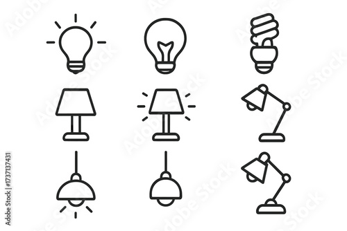 Light bulb and lamp line icon set. Vector symbols for idea, innovation, electricity, and energy. Includes desk, table, pendant lamps. Editable stroke outline illustration.