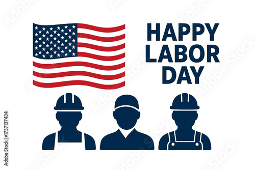 Happy Labor Day greeting card banner with USA flag and worker icons. Vector illustration for American holiday. Celebration of work, job, and labor force in United States.