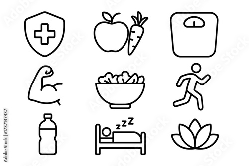Healthy lifestyle icon set. Health, fitness, diet, and nutrition line icons. Vector symbols for exercise, food, sleep, weight loss, yoga, and wellness for web or mobile.