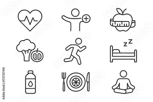 Healthy lifestyle line icon set. Health, diet, and fitness web icons. Nutrition, exercise, sleep, and mindfulness concepts. Vector collection for wellness and medical apps.