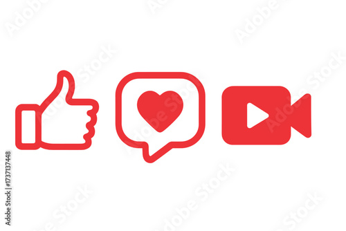 Like and heart icon set for social media. Live stream video, chat, and likes concept. Red web buttons for following, engagement and notification isolated on white background.