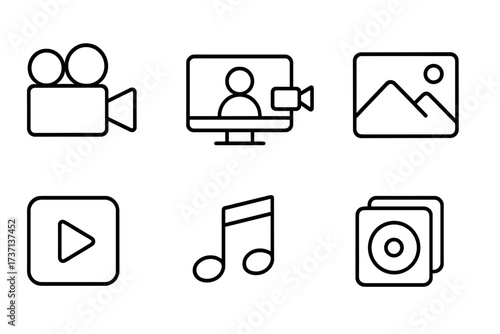 Multimedia line icon set for web and mobile. Video camera, online streaming, photo gallery, play button, music note, and audio album symbols. Entertainment interface design.