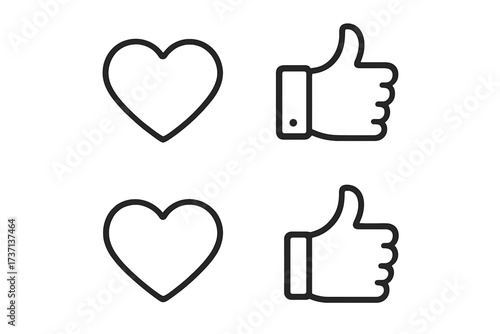 Like and thumbs up icons. Heart and hand symbols. Line style vector illustration. Social media engagement. User feedback. Appreciation, support, networking. Follower, like, comment.