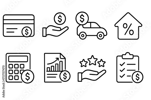 Loan and credit web icons in line style. Financial icon set including credit card, deposit, car leasing, mortgage rate, calculator, income report, credit rating, collection.