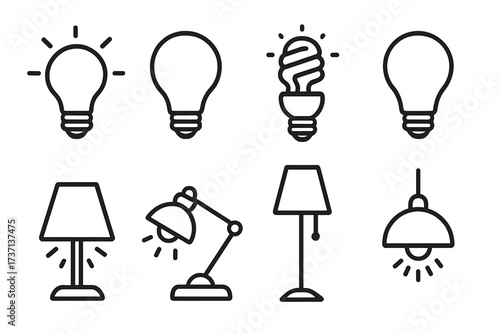 Light bulb and lamp line icon collection. Vector symbols for idea, electricity, and energy. Includes desk, floor, and ceiling lamps. Simple editable stroke illustration set.