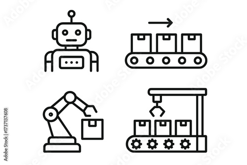 Mass production line icon set. Industrial automation, robot, and manufacturing process symbols. Vector collection of productive workflow, conveyor belt, and robotic arm signs.