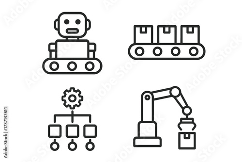 Mass production and industrial automation icon set. Line style vector icons of robot, conveyor belt, productive workflow, and robotic arm for manufacturing and assembly line.