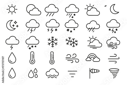 Weather forecast line icon pack. Meteorology outline symbol collection. Climate pictograms for UI UX design. Sun, cloud, rain, snow, storm, snowflake, rainbow vector set.