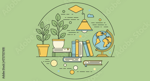 Books, globe, graduation cap, and plants in a study room illustration.