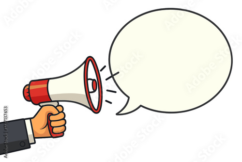 Hand in suit holding megaphone with speech bubble. Loudspeaker for important announcement. Concept for business, marketing, advertising, alert and promotion. Man with bullhorn.