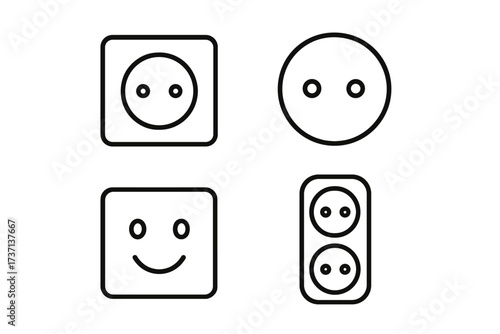 Outlet line icon set. Minimalist vector pictograms with editable stroke. Electricity, power, and energy symbols for UI, UX, web, and app design. Wall socket and happy face.