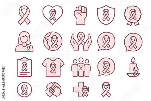 Breast cancer awareness month icon set. Pink ribbon symbol of hope, charity, and support. Medical health campaign elements. Editable stroke vector for web, apps, and UI design.