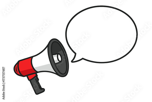 Red megaphone loudspeaker with empty speech bubble for text. Vector icon for promotion, announcement, marketing, and communication. Business advertising alert graphic.
