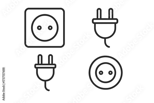 Electric socket and plug vector icon collection. Minimal line pictogram set with editable stroke. Power outlet, connector, and adapter symbols for ui. Electricity energy concept.