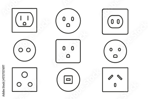 Electrical outlet & wall socket vector icon set. International power plugs collection. Linear pictogram illustration with editable stroke. For electricity & energy concepts.