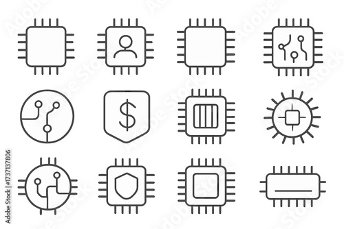 Set of minimalistic linear chip icons, editable stroke vector illustrations for technology, electronics, computing, security, finance, app design, digital circuit symbols