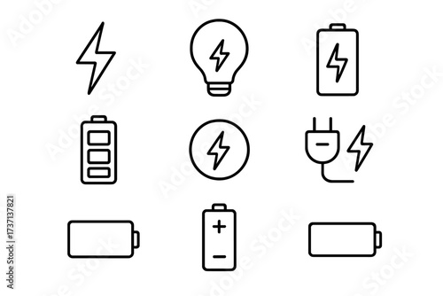 Set of Minimalistic Energy Icons with Charger, Battery, and Power Symbols. Editable Stroke Vector Linear Pictograms for Apps, Banners, Posts, and UI Design