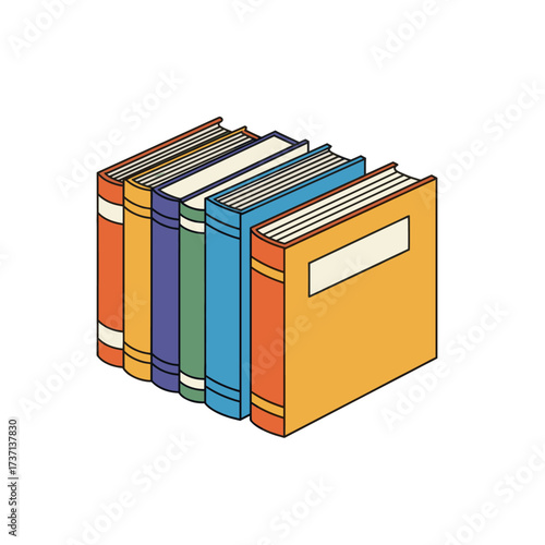 Row of colorful books standing upright against white backdrop.