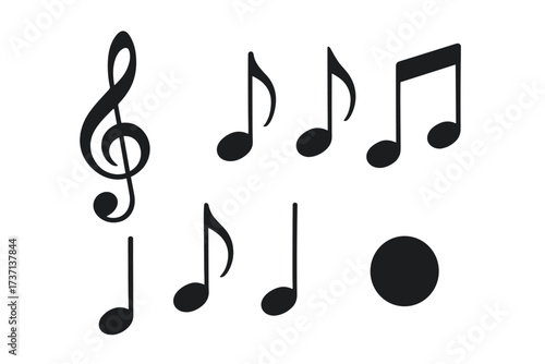 Set of black musical notes and treble clef icons, music symbols vector illustration, various note types, sound and melody elements, transparent background