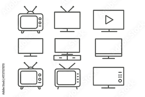 Set of minimalistic line icons of TV sets with editable stroke, linear pictograms for design of cards, apps, banners, posts, transparent vector cartoon illustration collection