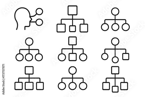 Mind map and hierarchy icon set. Vector line icons for organizational chart, flowchart, sitemap, and business structure. Infographic elements for workflow and brainstorming.