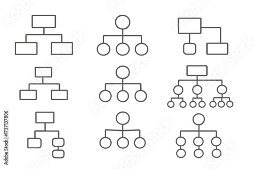 Organizational chart and mind map icon set. Thin line vector collection of hierarchy diagrams, business structures, flowcharts, and sitemaps. Classification and workflow symbols.