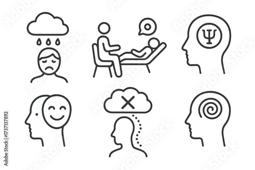 Mental health line icons collection. Symbols for psychology, psychotherapy, counseling. Vector illustration of depression, anxiety, bipolar disorder, stress, obsession, negative thinking.