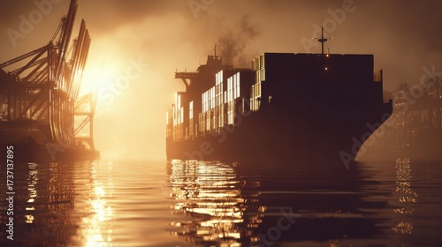 Container ship navigating through serene harbor at sunset, reflecting warm hues on tranquil water surface, industrial background