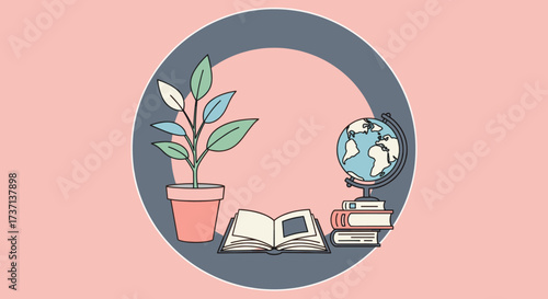 Plant, books and globe illustration for education and knowledge.