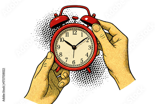 Vintage red alarm clock held by hands in halftone collage style, time management and deadline concept, business planning and organization illustration, retro style