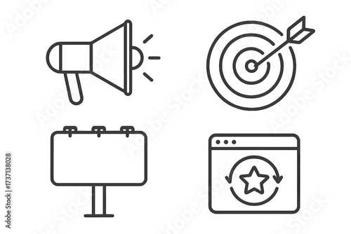 Marketing and advertising line icon set. Includes concepts for promotion, targeting goals, outdoor ads, and online brand reputation. Vector collection for business strategy.