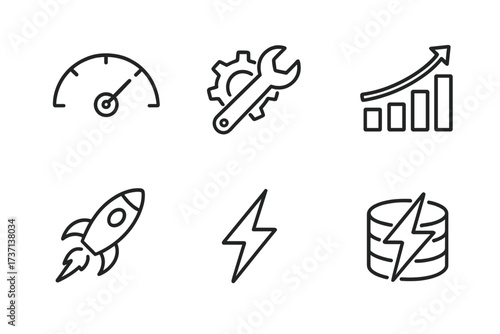 Performance line icon set. Includes speed, improvement, charts, boost, power, and settings. Vector collection for web design, optimization, efficiency, and growth symbols.